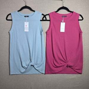 2 Miholl Womens Waffle Knit Tanks With Knot Tie Hem Size S NWT Blue Pink